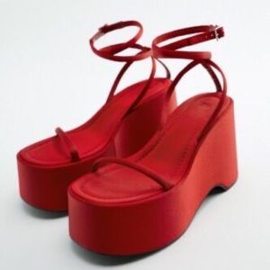 ZARA CHUNKY RED SATIN STRAP WEDGE SANDALS PLATFORM 2022 Size 40 (1315/010/020)